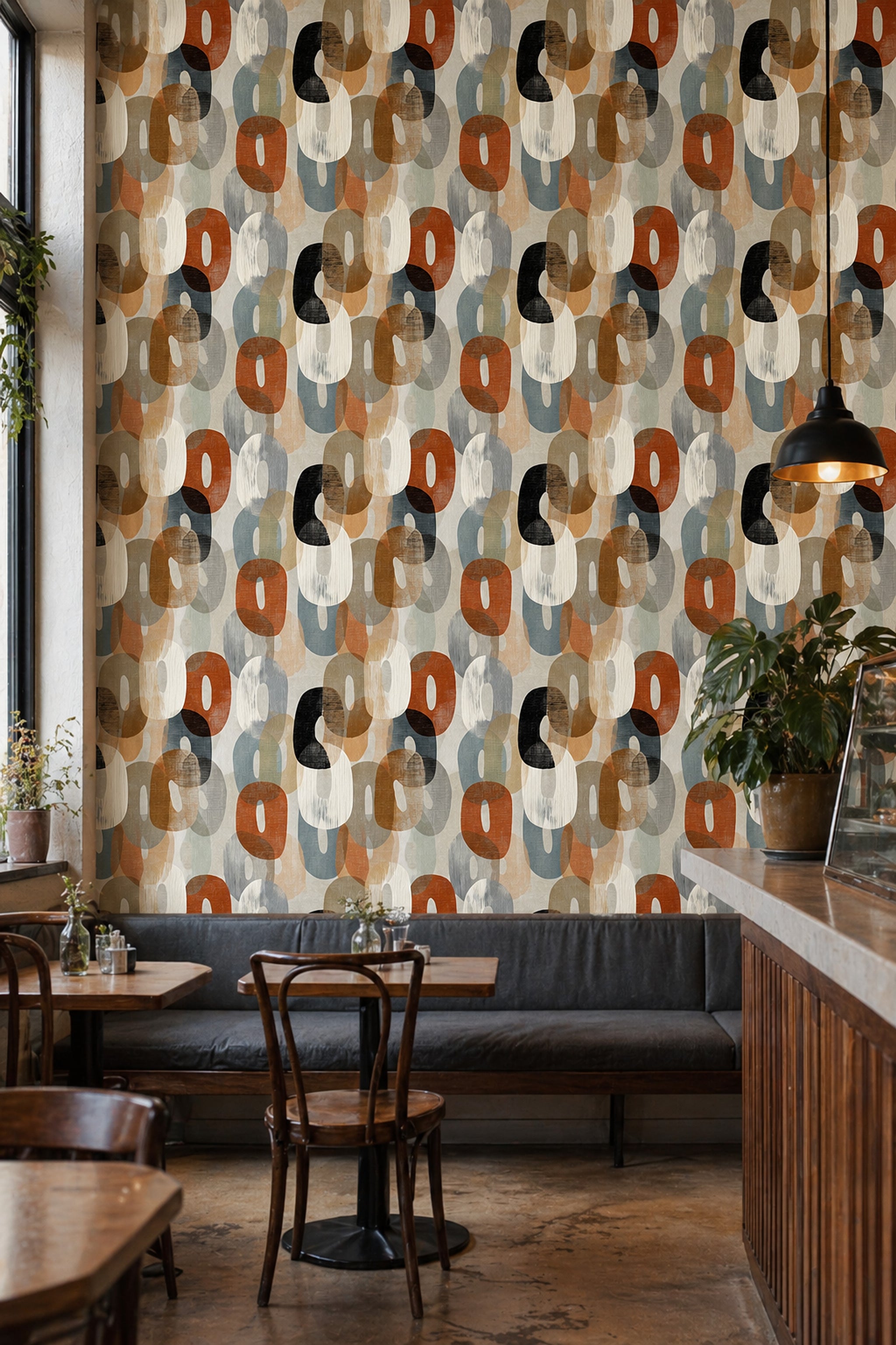 Retro Geometrik Duvar Kağıdı Kiremit ve Krem Salon