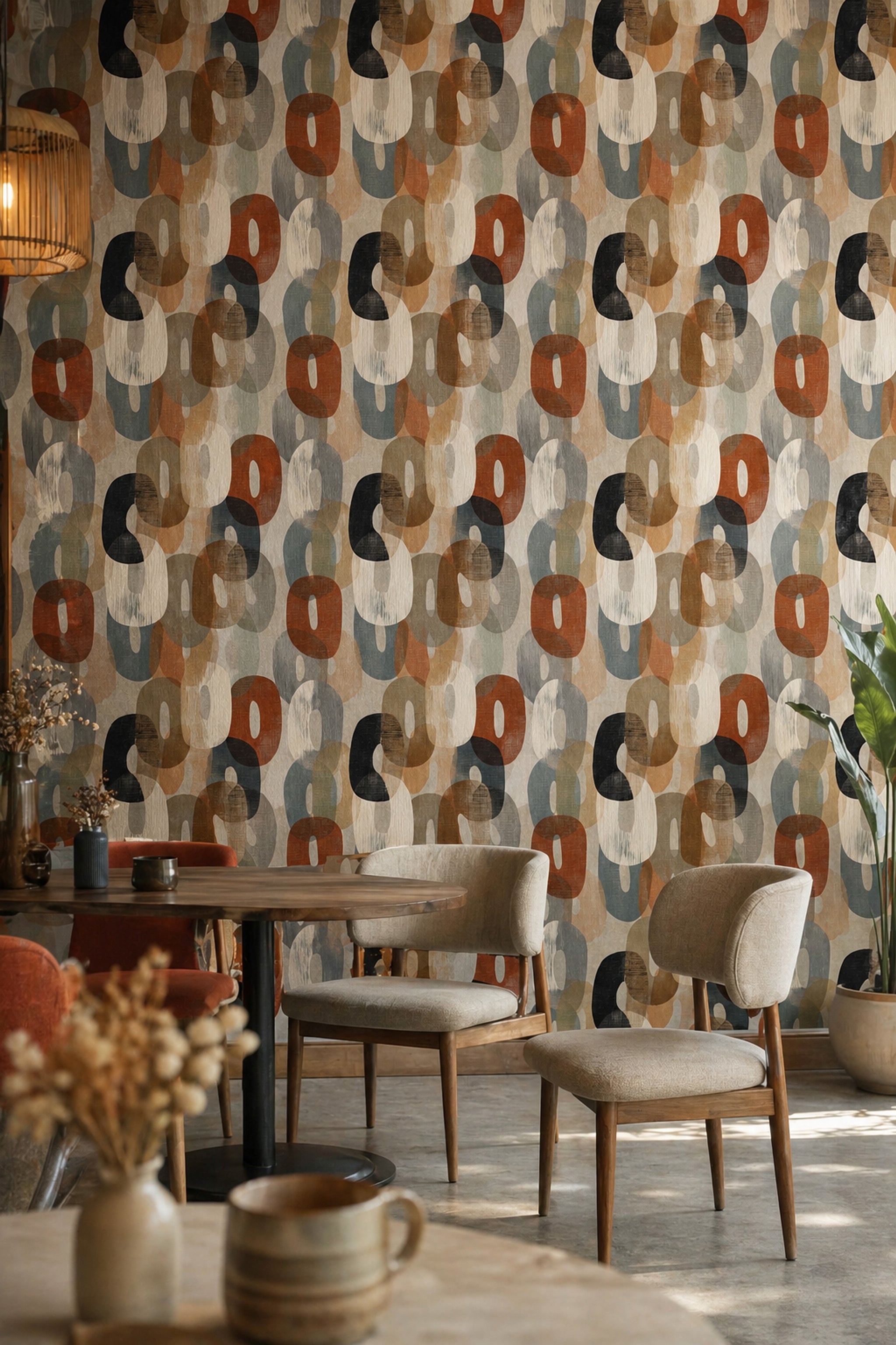 Retro Geometrik Duvar Kağıdı Kiremit ve Krem Salon