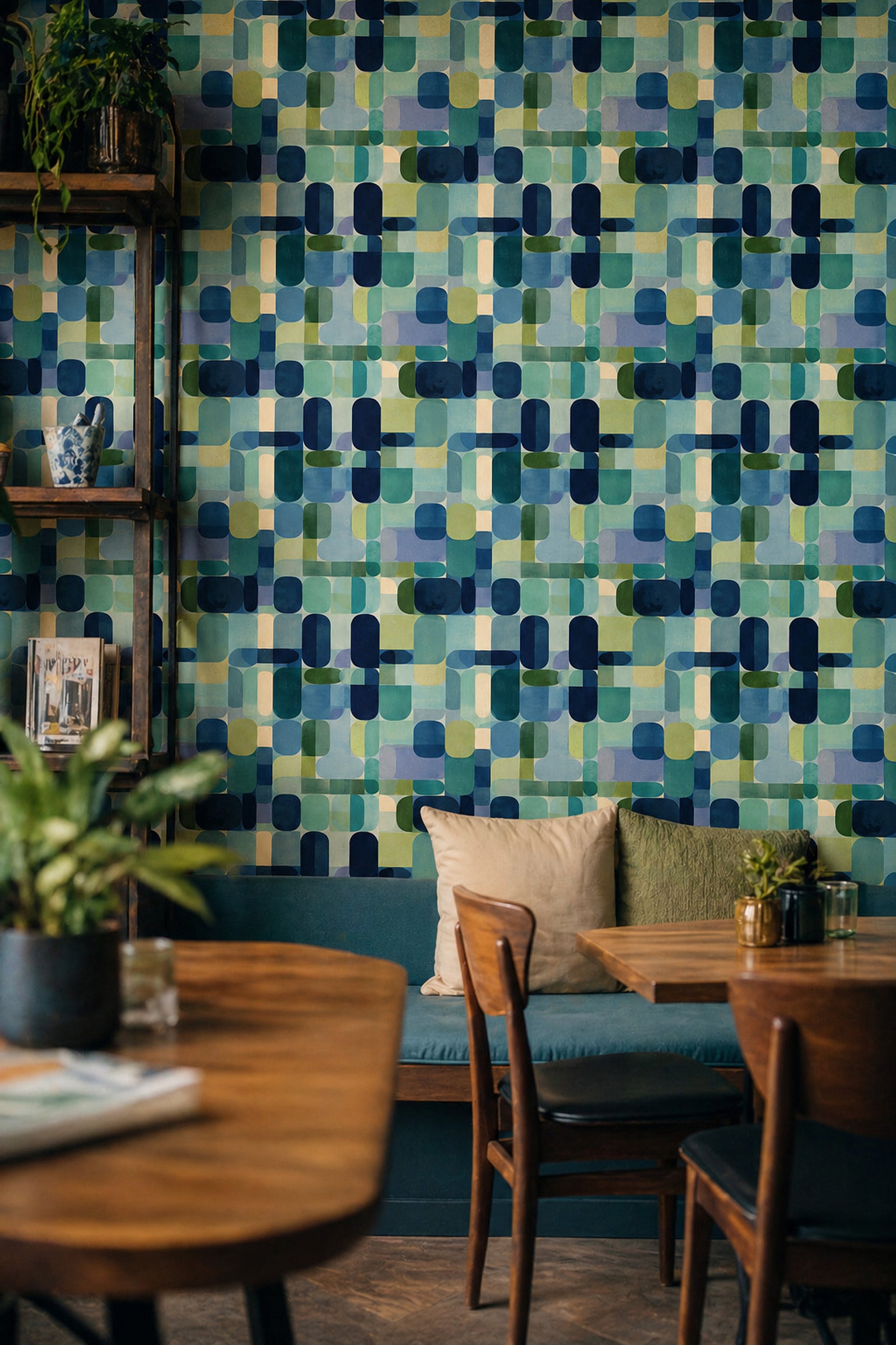 Geometrik Desenli Duvar Kağıdı Mavi Yeşil Modern Salon
