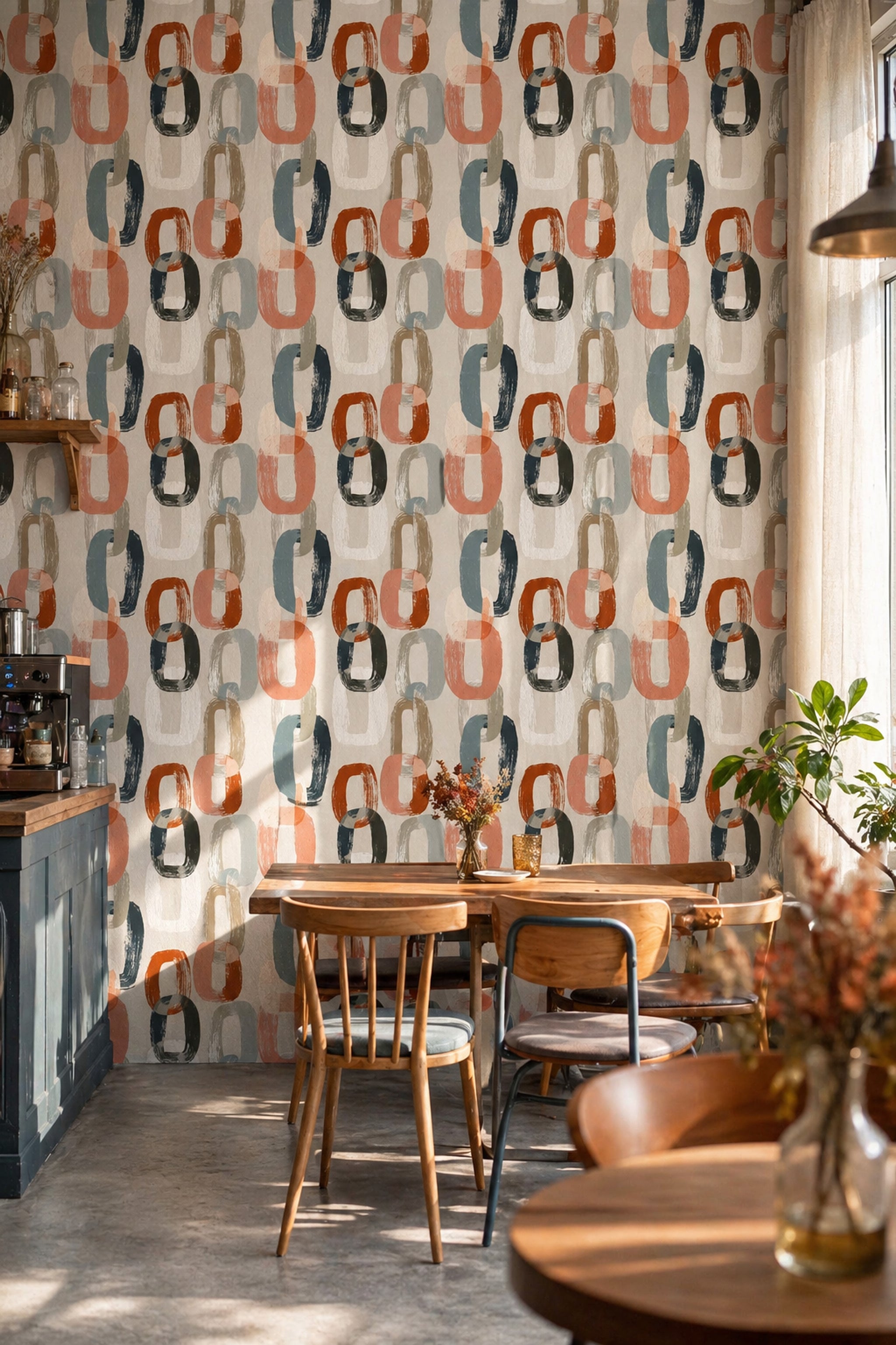 Soyut Geometrik Halkalı Duvar Kağıdı Turuncu Lacivert Salon