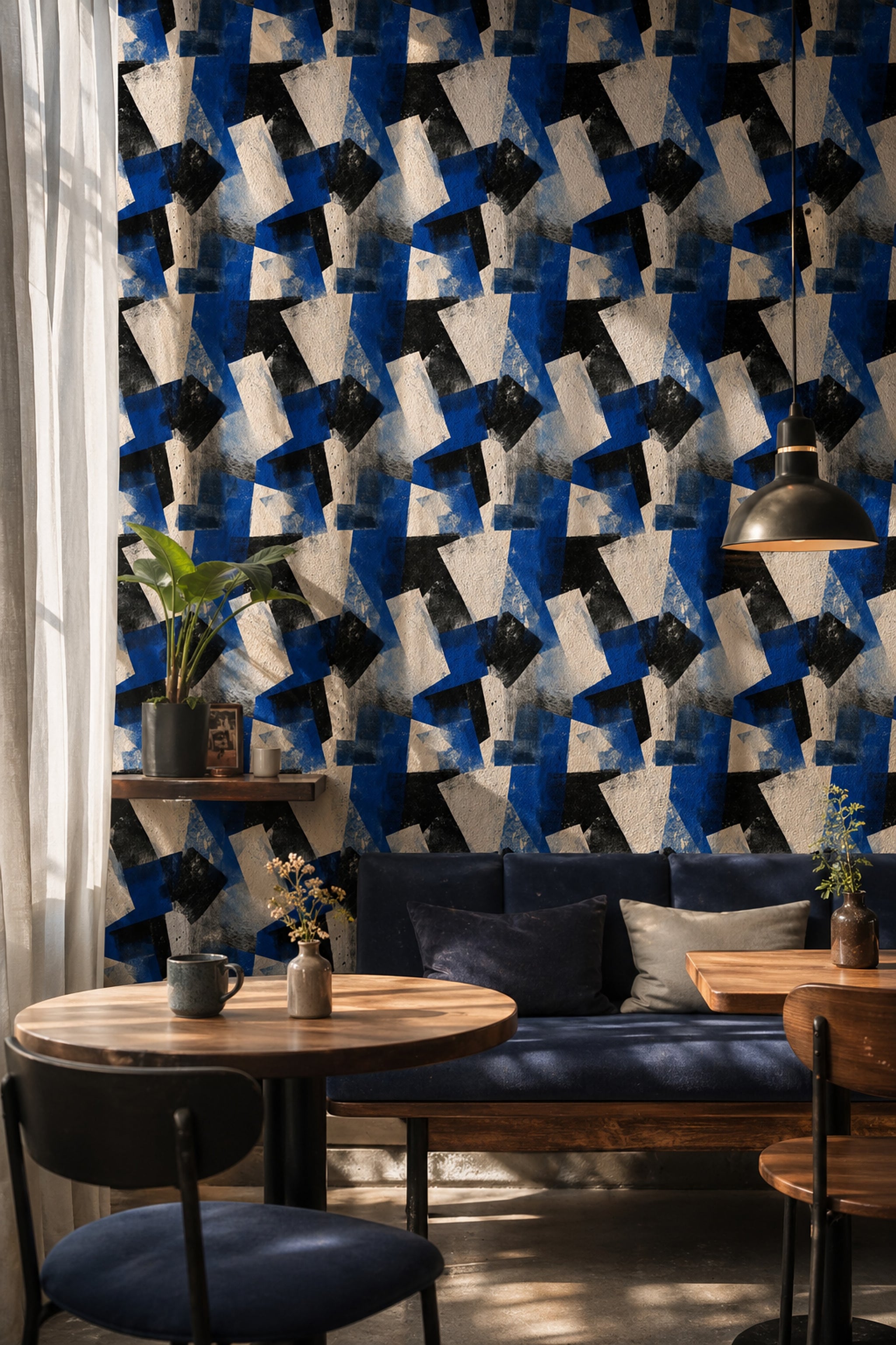 Geometrik Soyut Duvar Kağıdı Lacivert Siyah Salon Deseni