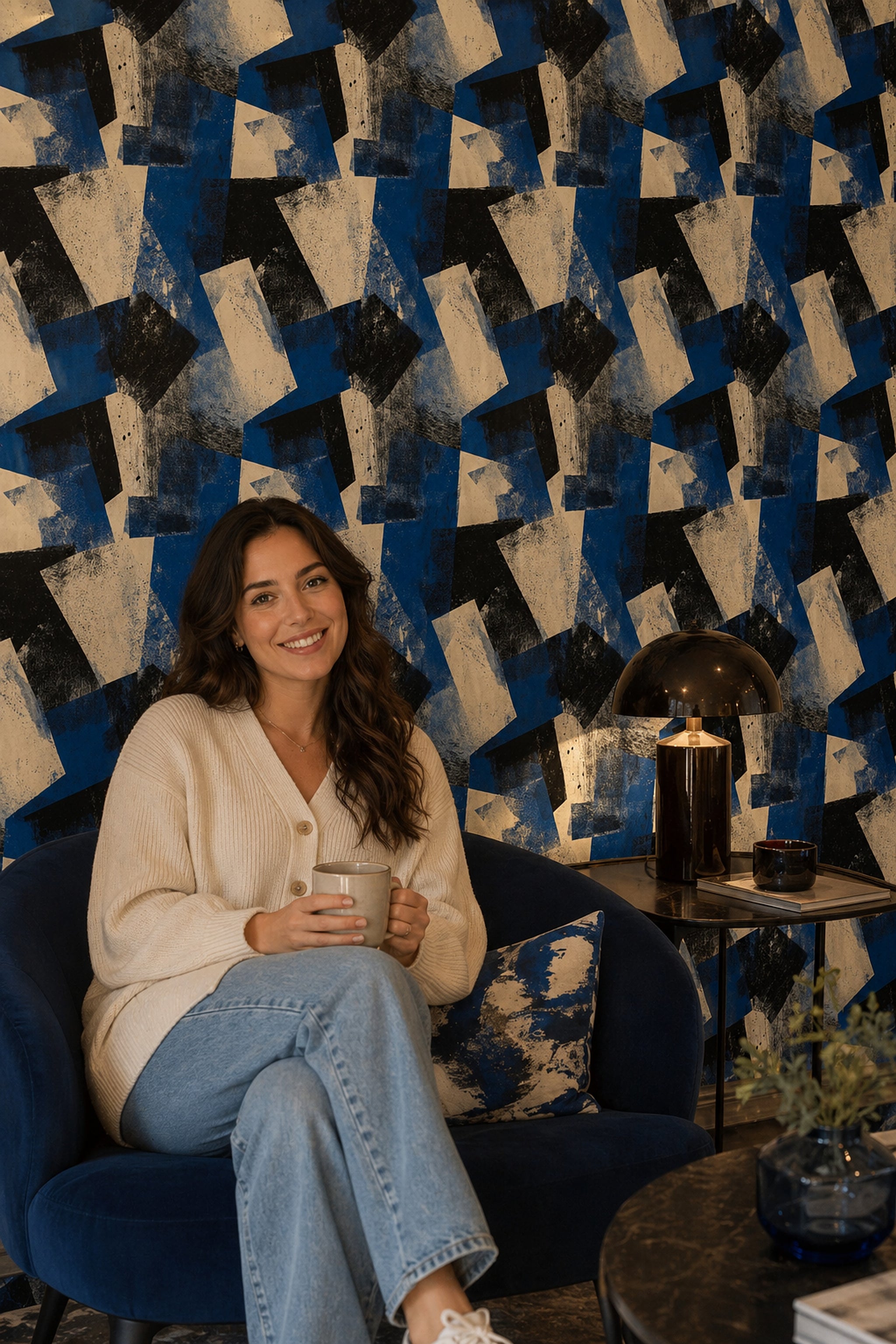 Geometrik Soyut Duvar Kağıdı Lacivert Siyah Salon Deseni