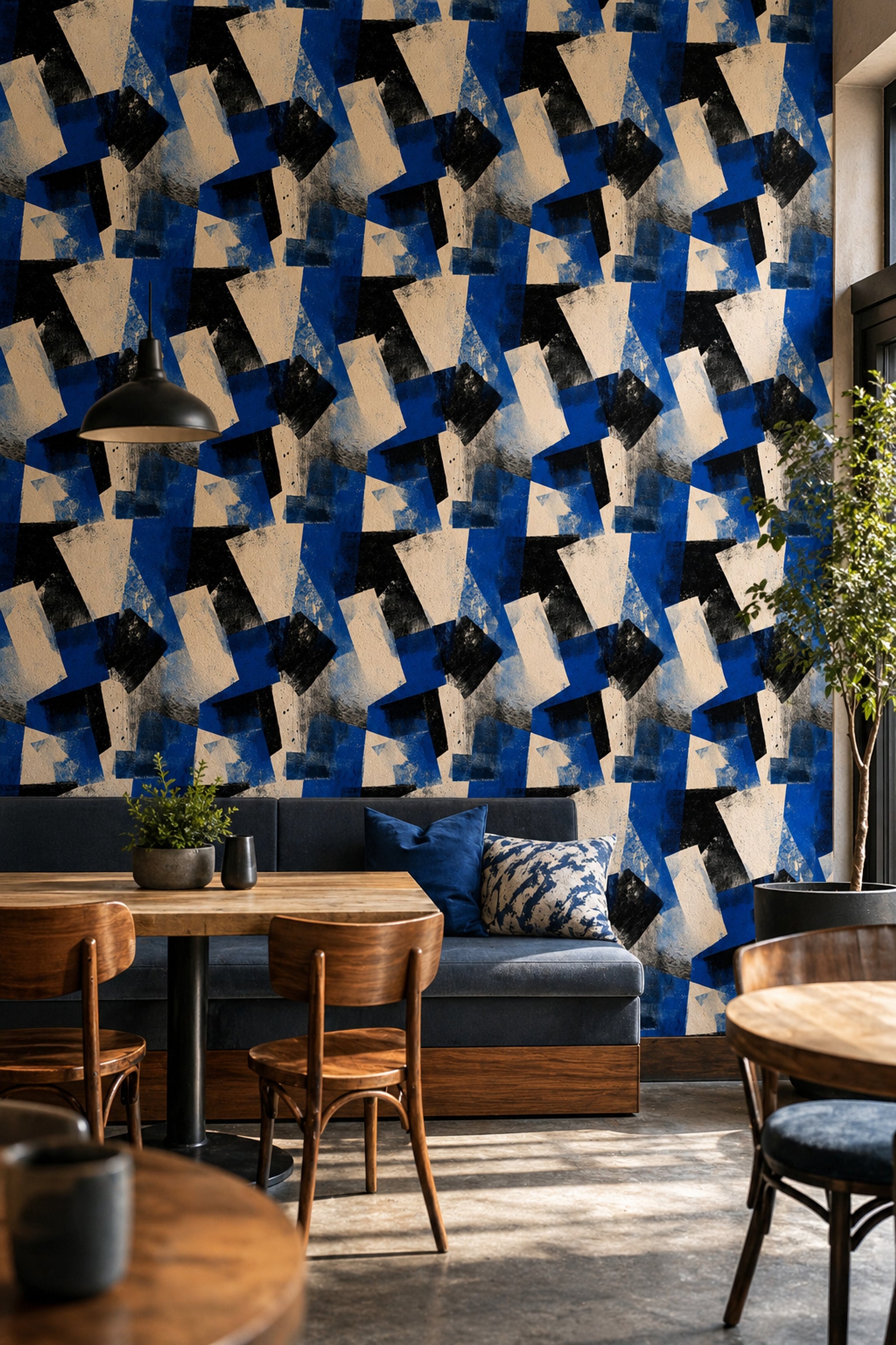 Geometrik Soyut Duvar Kağıdı Lacivert Siyah Salon Deseni