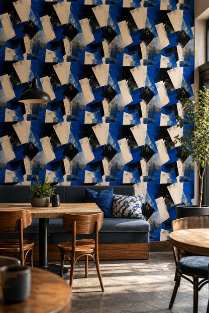 Geometrik Soyut Duvar Kağıdı Lacivert Siyah Salon Deseni
