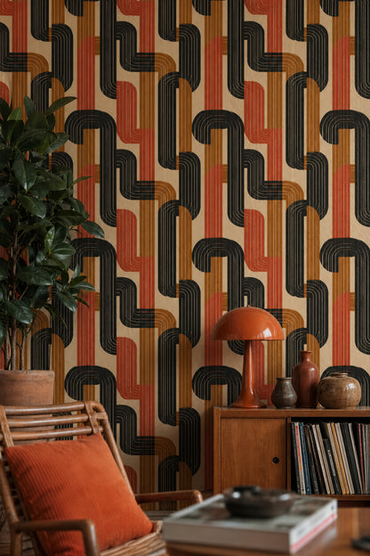 Retro Geometrik Duvar Kağıdı Kiremit ve Siyah Desenli Salon