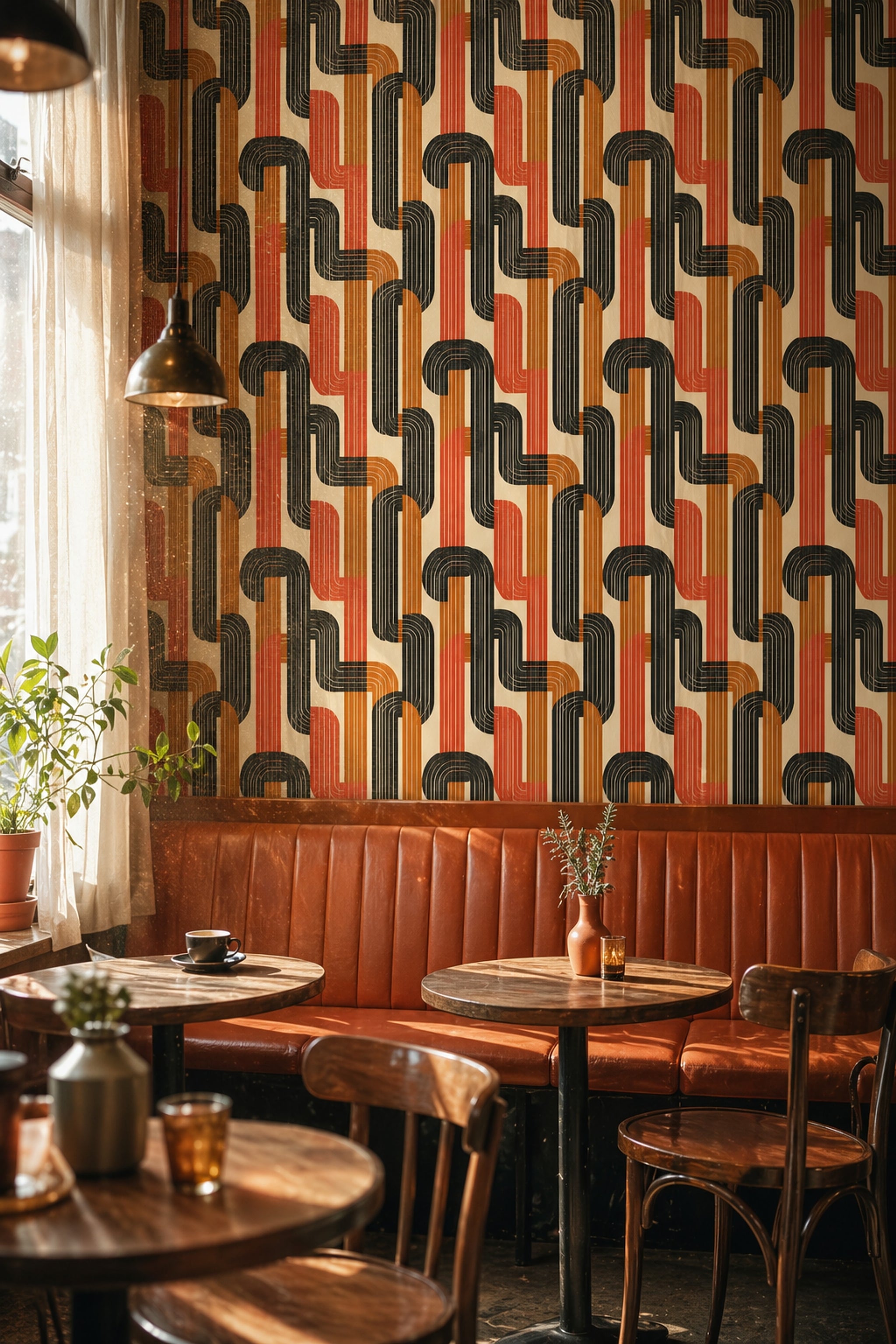 Retro Geometrik Duvar Kağıdı Kiremit ve Siyah Desenli Salon