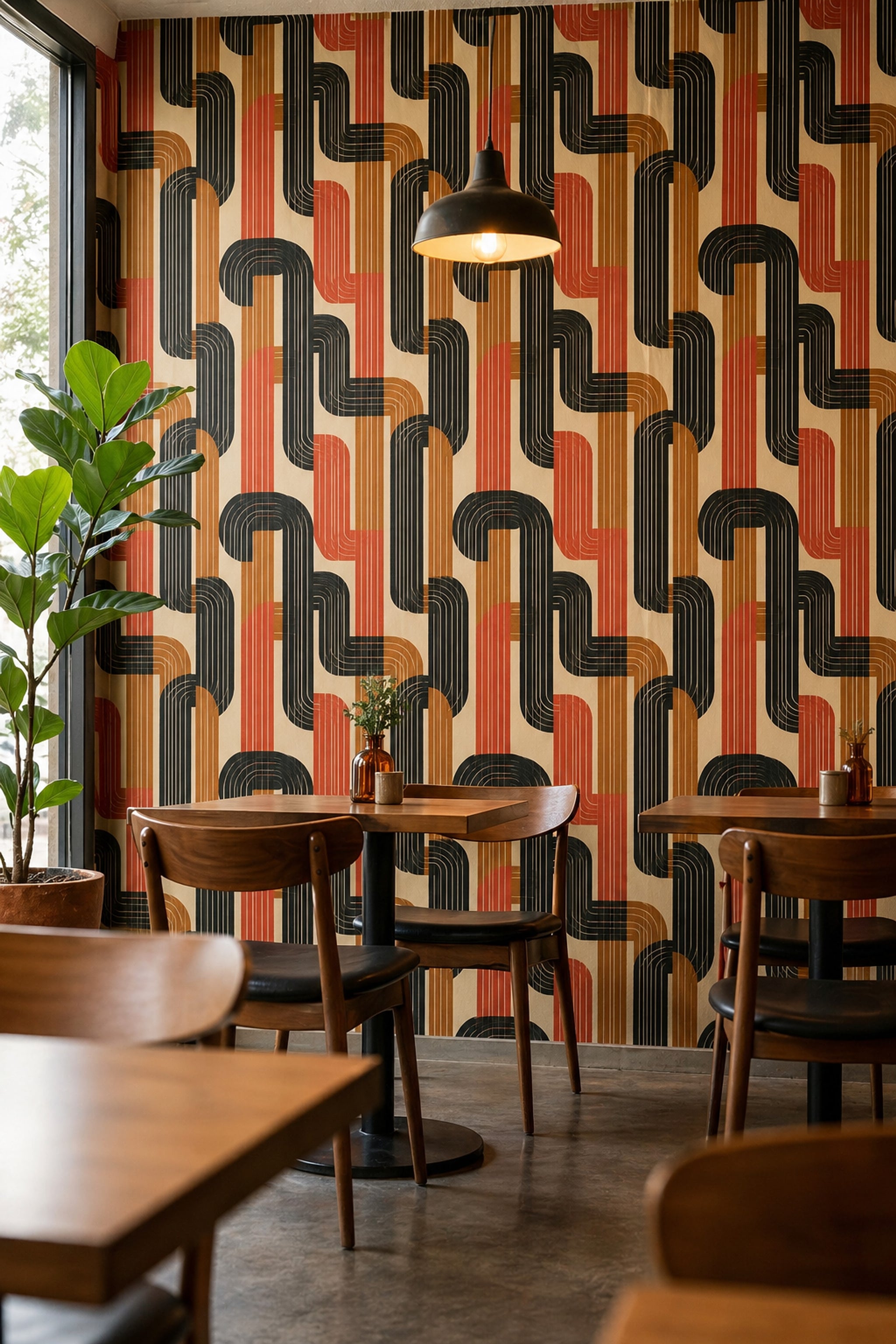 Retro Geometrik Duvar Kağıdı Kiremit ve Siyah Desenli Salon