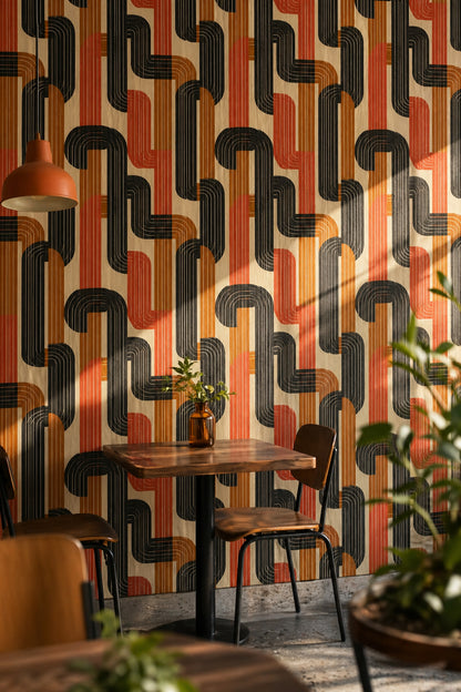 Retro Geometrik Duvar Kağıdı Kiremit ve Siyah Desenli Salon