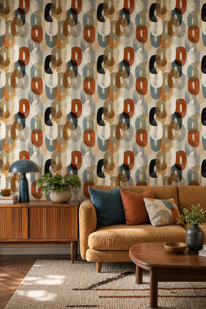 Retro Geometrik Duvar Kağıdı Kiremit ve Krem Salon