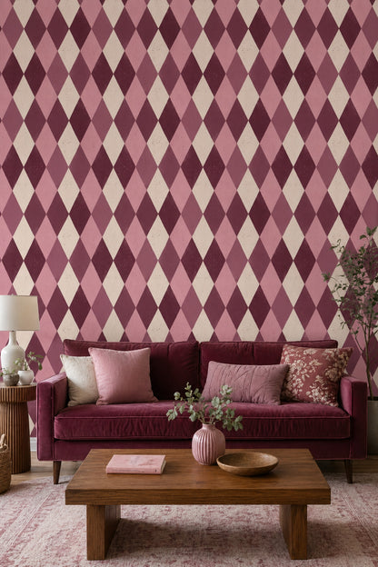 Baklava Desenli Duvar Kağıdı Bordo Pembe Geometrik Salon