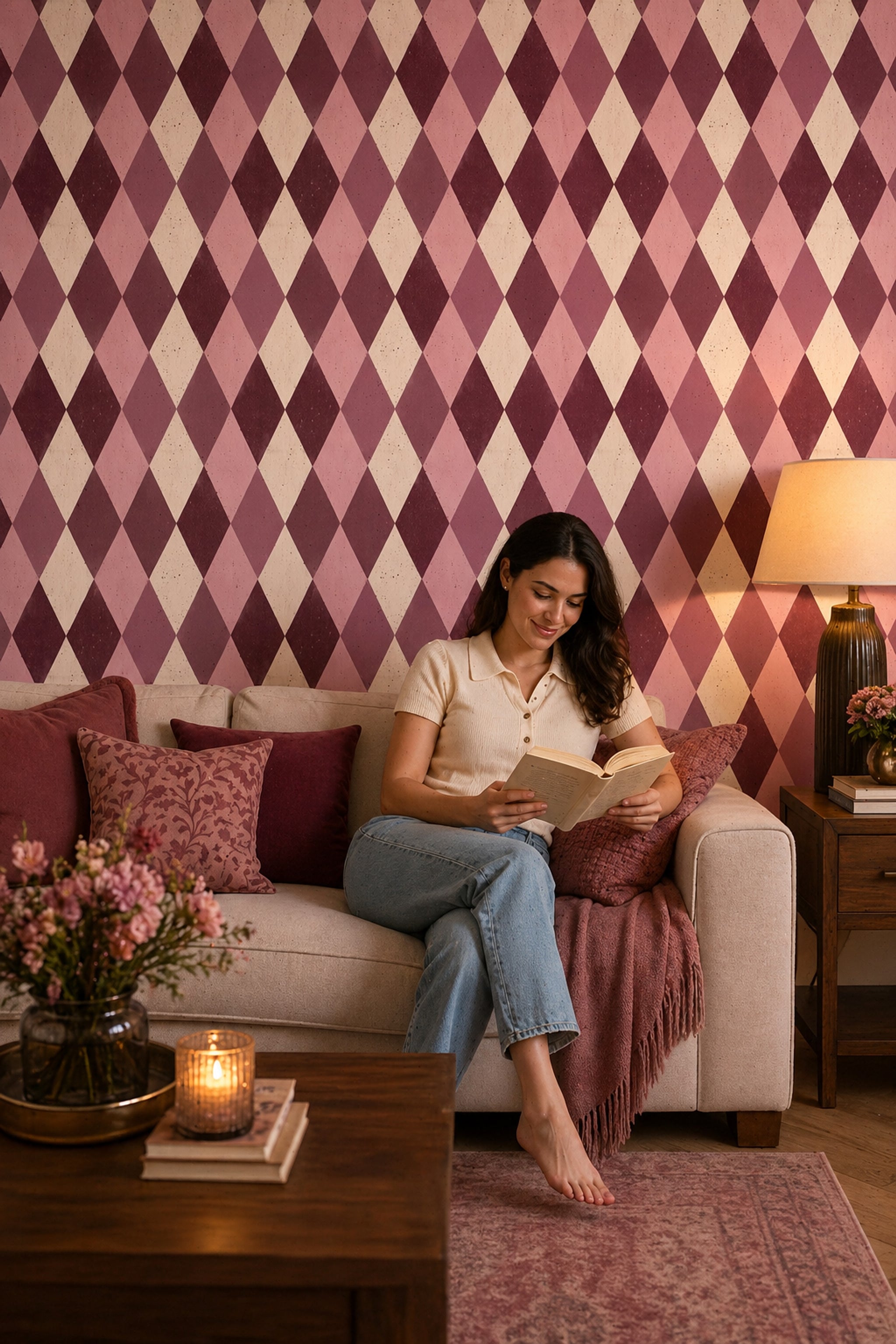 Baklava Desenli Duvar Kağıdı Bordo Pembe Geometrik Salon