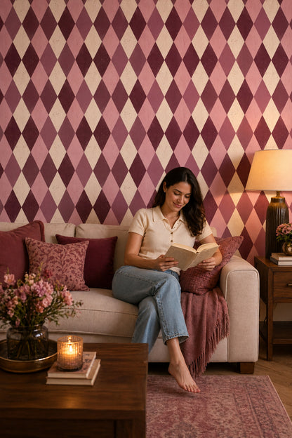 Baklava Desenli Duvar Kağıdı Bordo Pembe Geometrik Salon