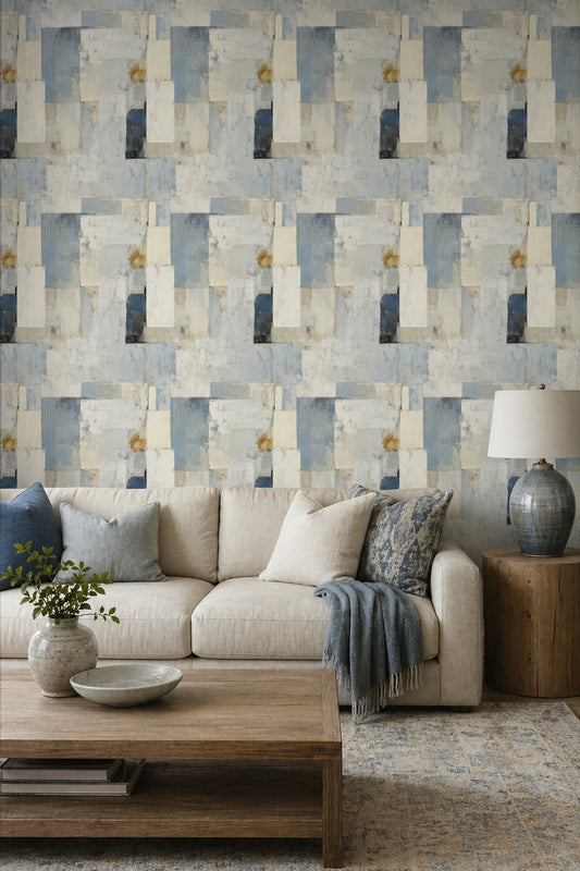 Soyut Geometrik Duvar Kağıdı Mavi Krem Modern Salon