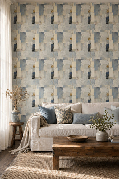 Soyut Geometrik Duvar Kağıdı Mavi Krem Modern Salon