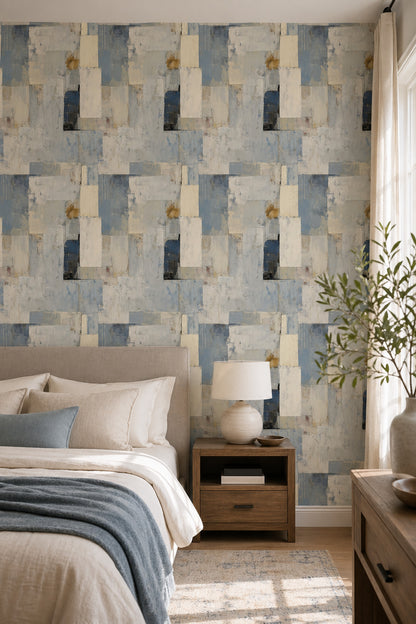 Soyut Geometrik Duvar Kağıdı Mavi Krem Modern Salon
