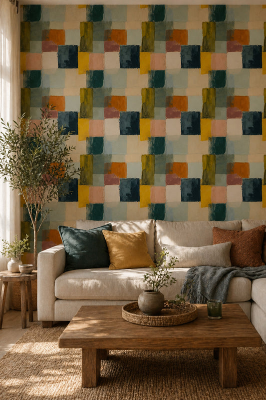 Renkli Geometrik Duvar Kağıdı Modern Kare Desenli Salon