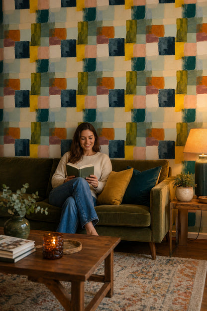 Renkli Geometrik Duvar Kağıdı Modern Kare Desenli Salon