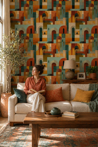 Geometrik Mimari Desenli Duvar Kağıdı Turuncu Yeşil Salon