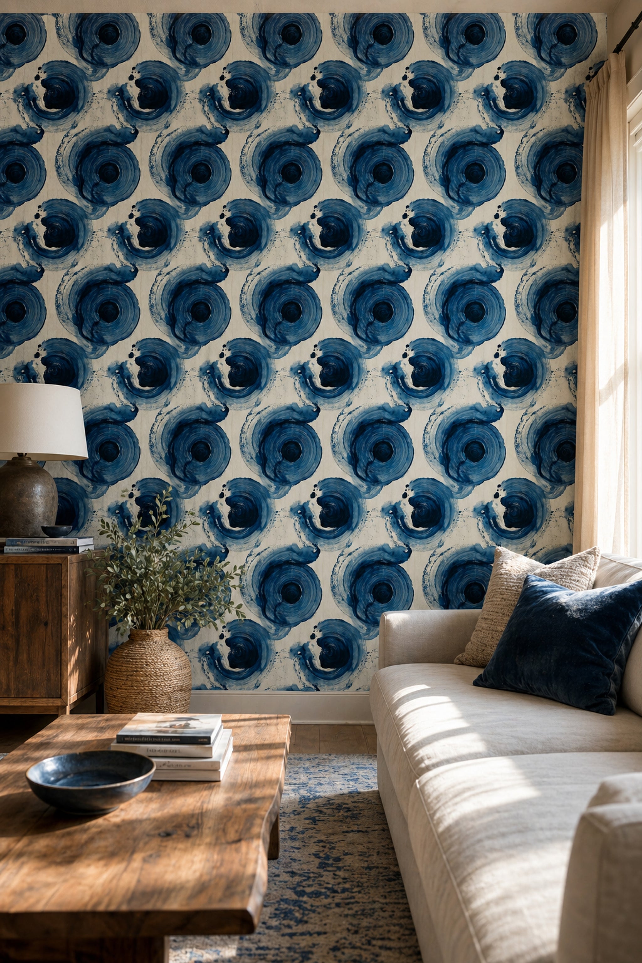 Soyut Mavi Daire Desenli Duvar Kağıdı Modern Salon