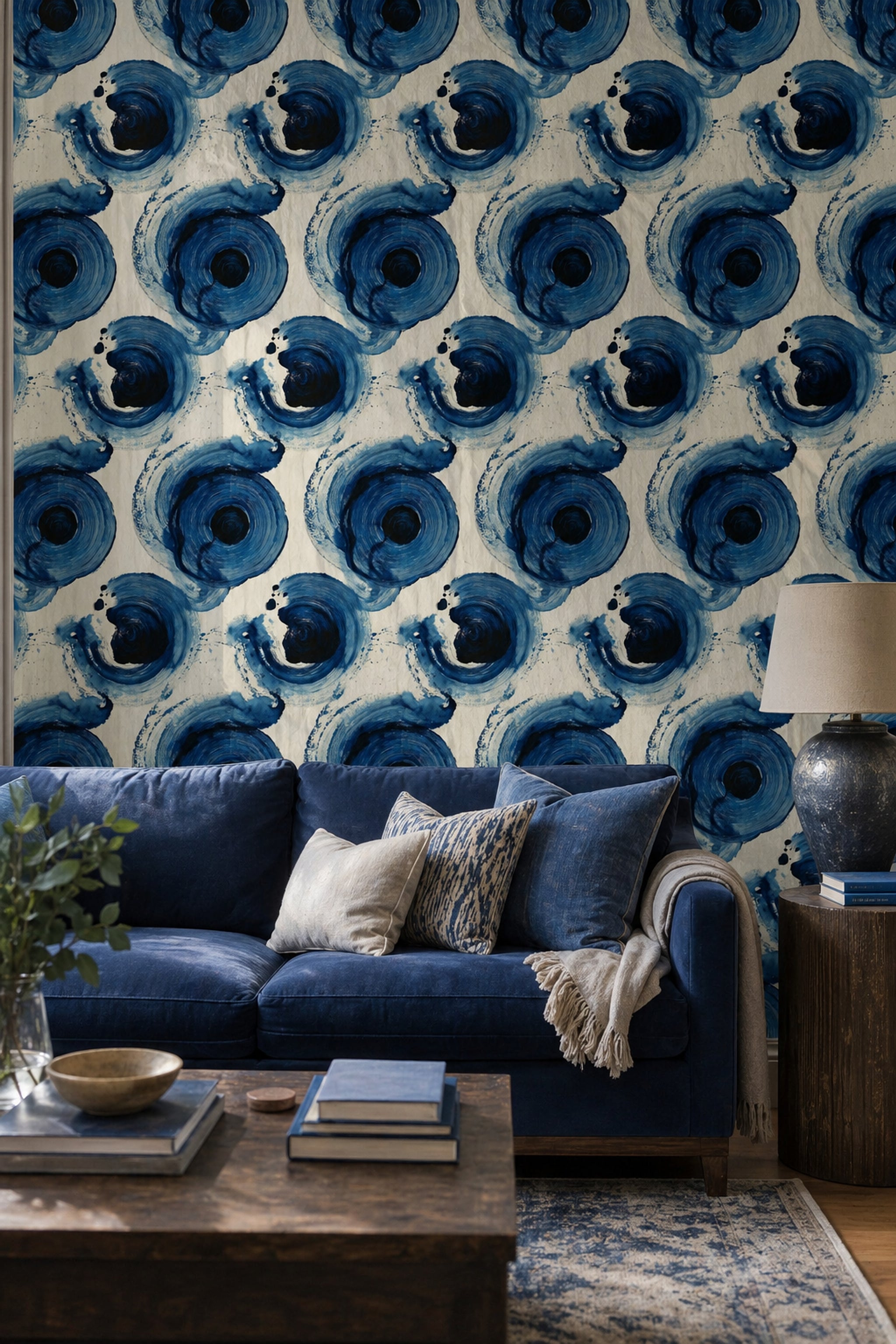 Soyut Mavi Daire Desenli Duvar Kağıdı Modern Salon