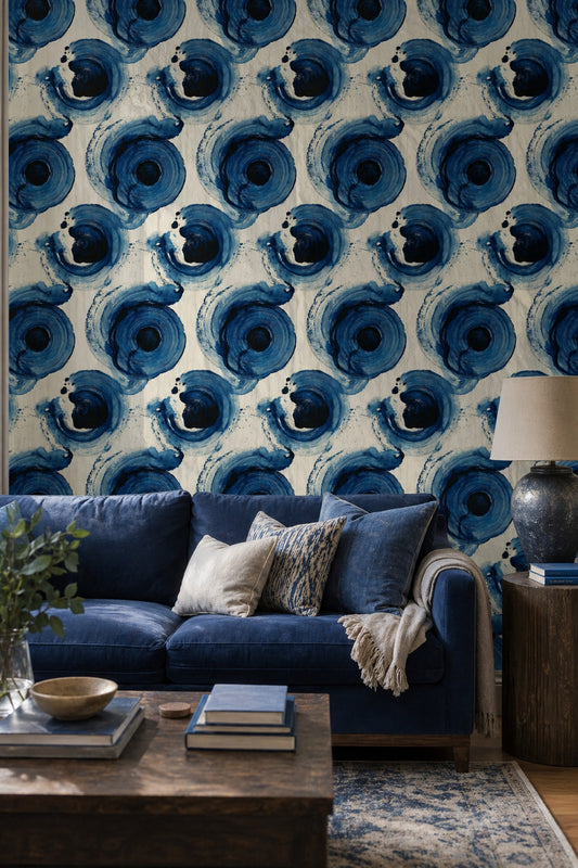Soyut Mavi Daire Desenli Duvar Kağıdı Modern Salon