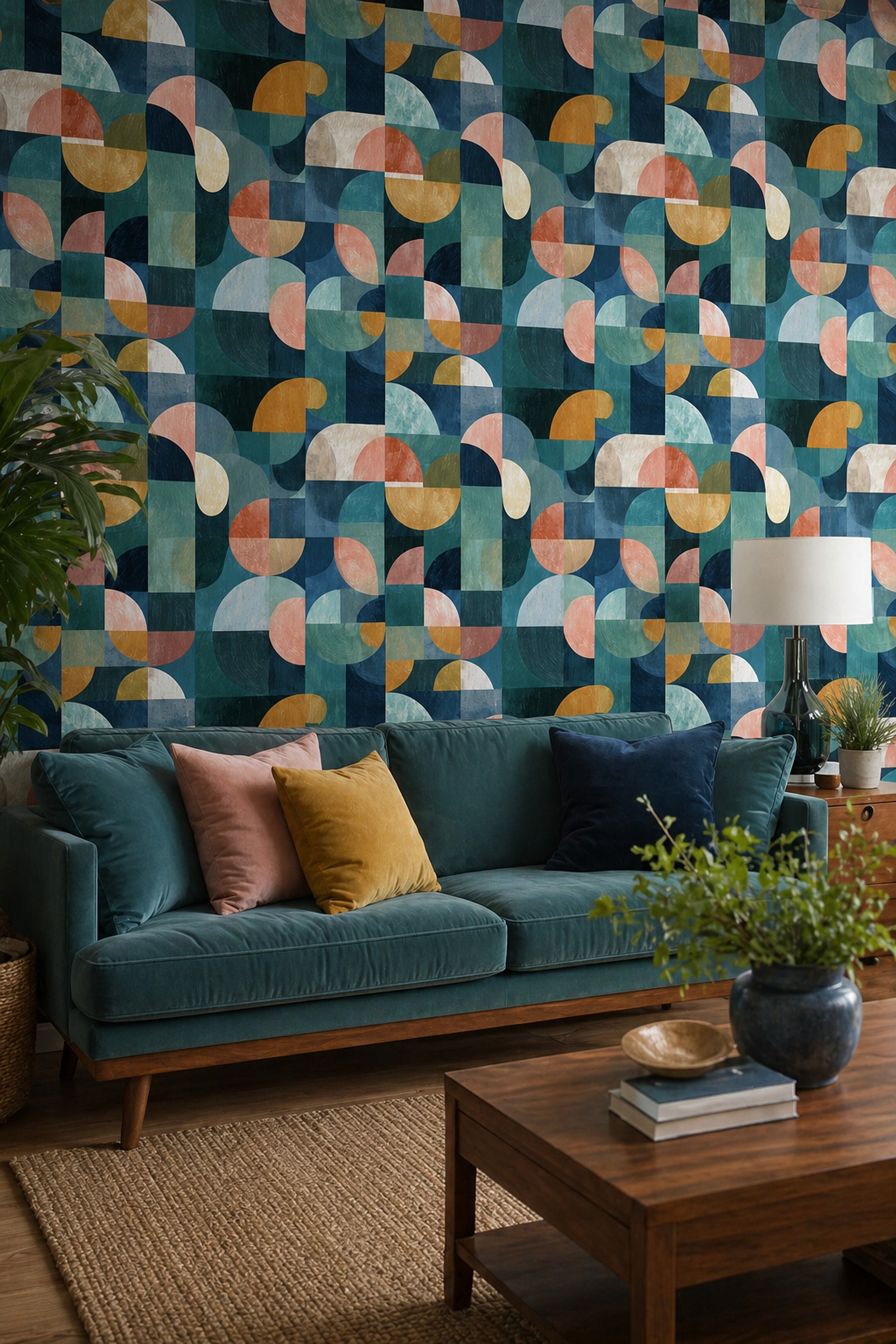 Geometrik Yarım Daire Desenli Duvar Kağıdı Petrol Mavi Salon