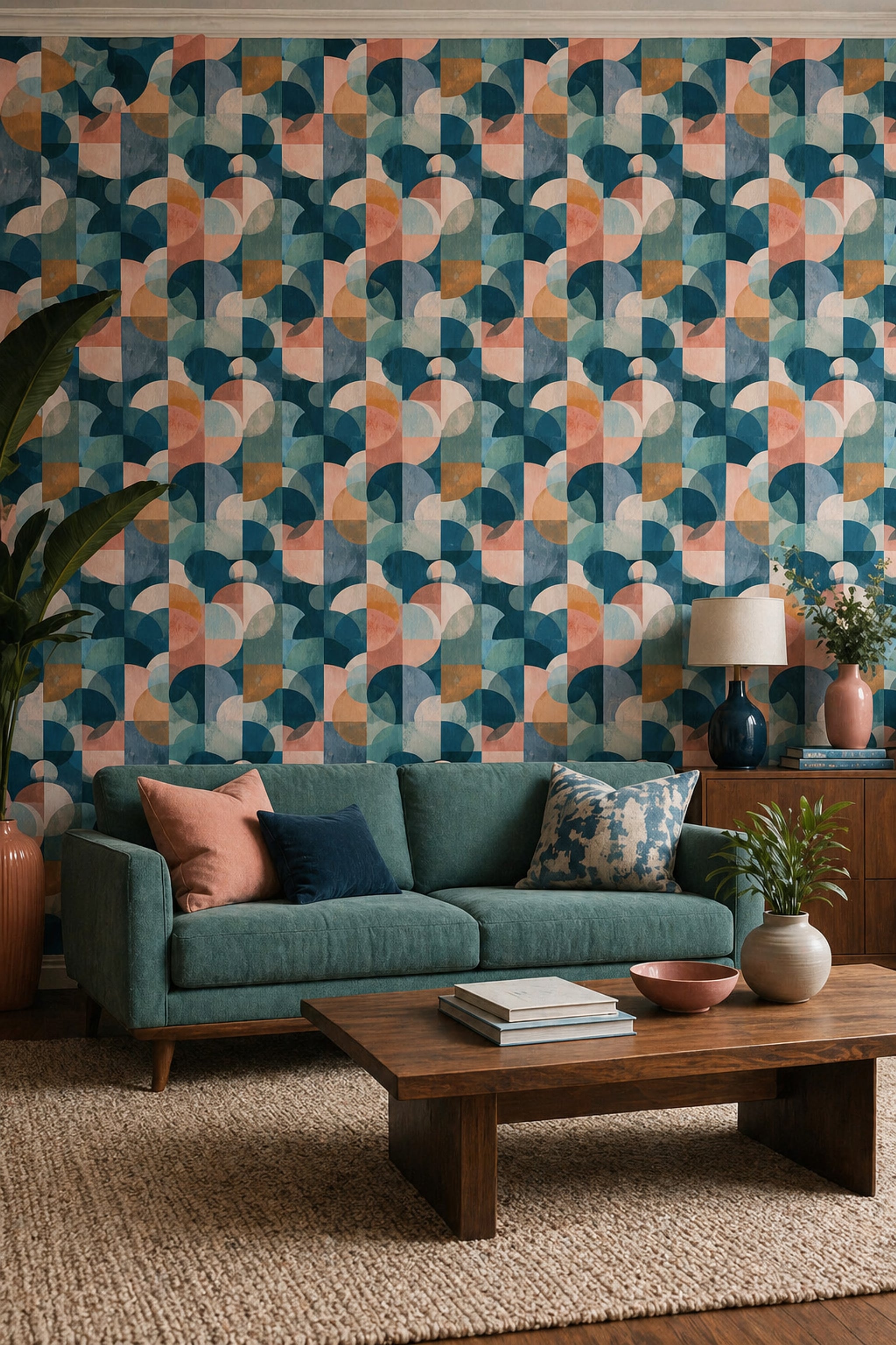 Geometrik Yarım Daire Desenli Duvar Kağıdı Turkuaz Salon