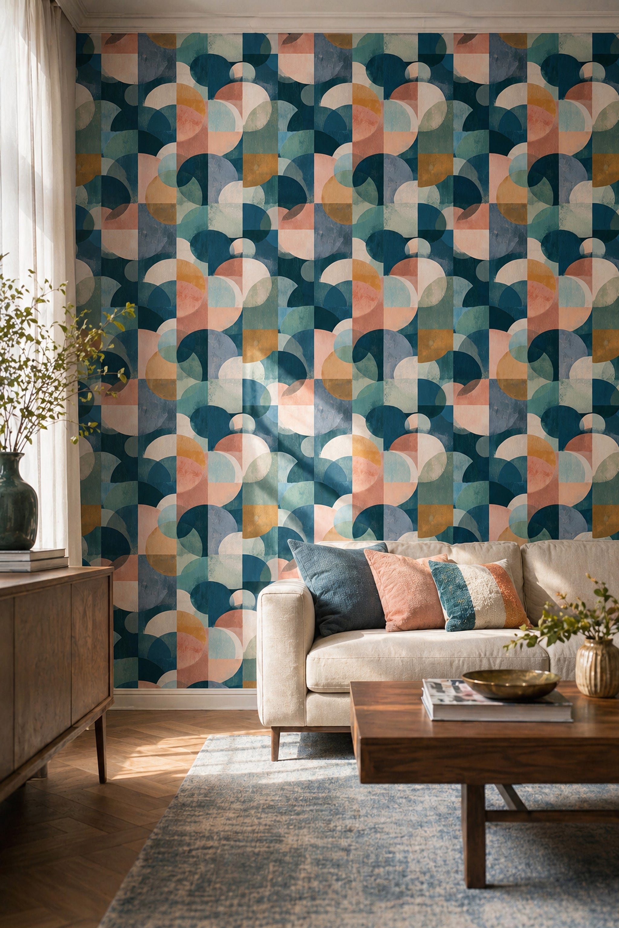 Geometrik Yarım Daire Desenli Duvar Kağıdı Turkuaz Salon