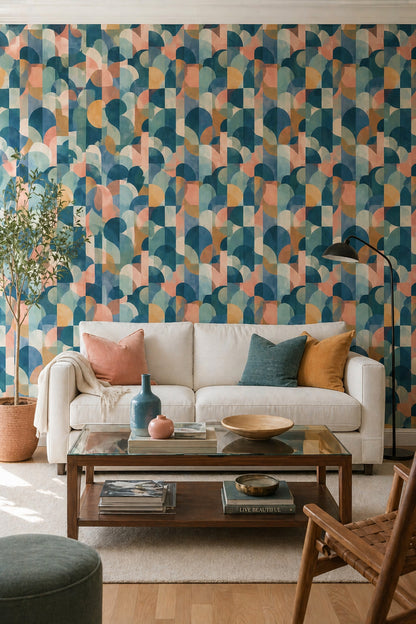 Geometrik Yarım Daire Desenli Duvar Kağıdı Turkuaz Salon