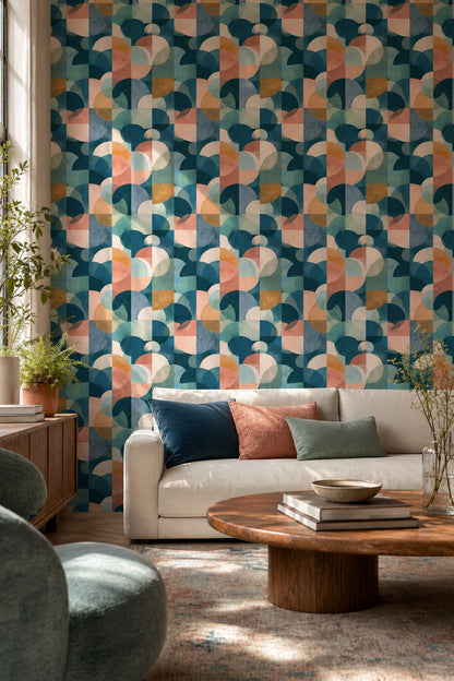 Geometrik Yarım Daire Desenli Duvar Kağıdı Turkuaz Salon