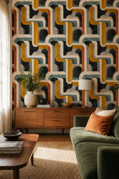 Retro Geometrik Duvar Kağıdı Sarı Lacivert Desenli Salon