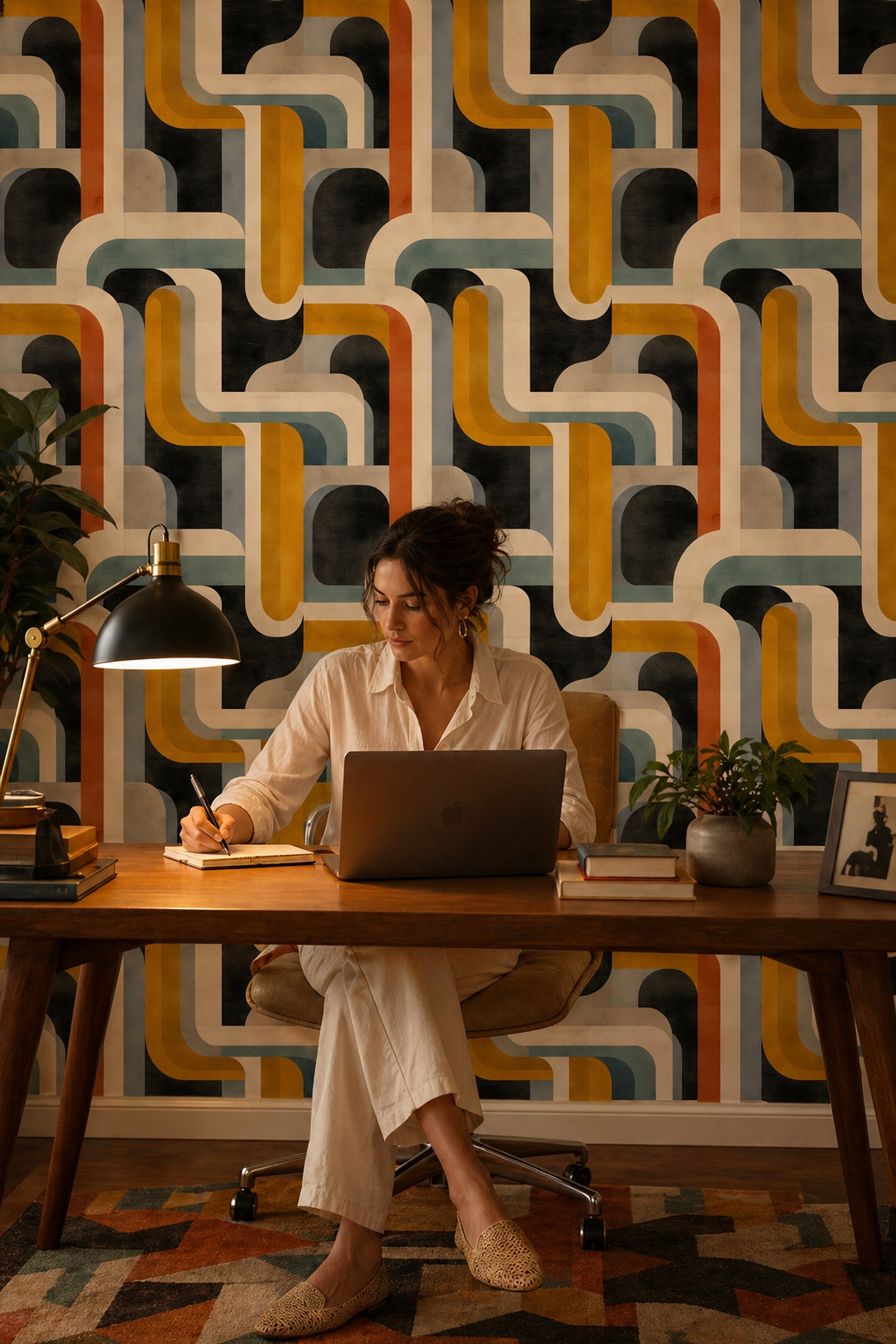 Retro Geometrik Duvar Kağıdı Sarı Lacivert Desenli Salon