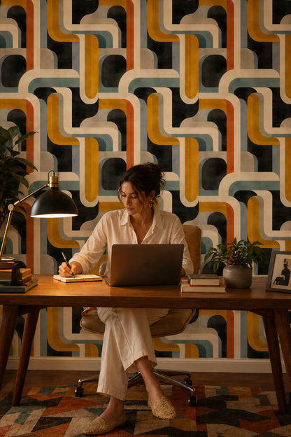 Retro Geometrik Duvar Kağıdı Sarı Lacivert Desenli Salon