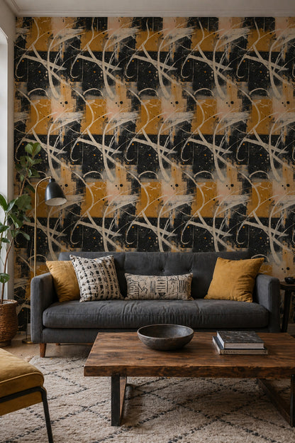 Soyut Çizgili Duvar Kağıdı Siyah Hardal Modern Salon