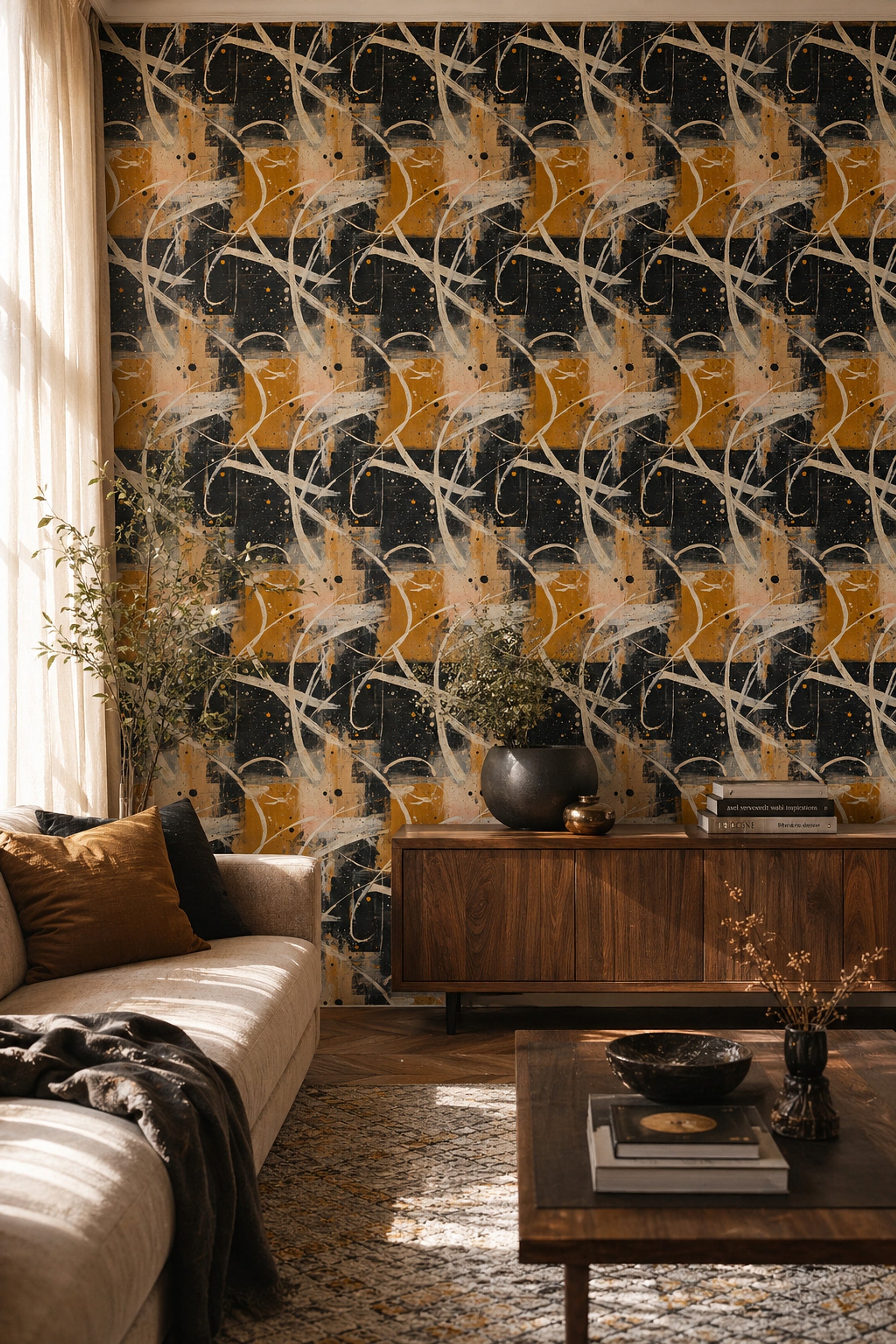 Soyut Çizgili Duvar Kağıdı Siyah Hardal Modern Salon