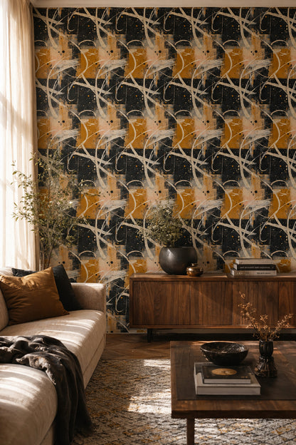 Soyut Çizgili Duvar Kağıdı Siyah Hardal Modern Salon