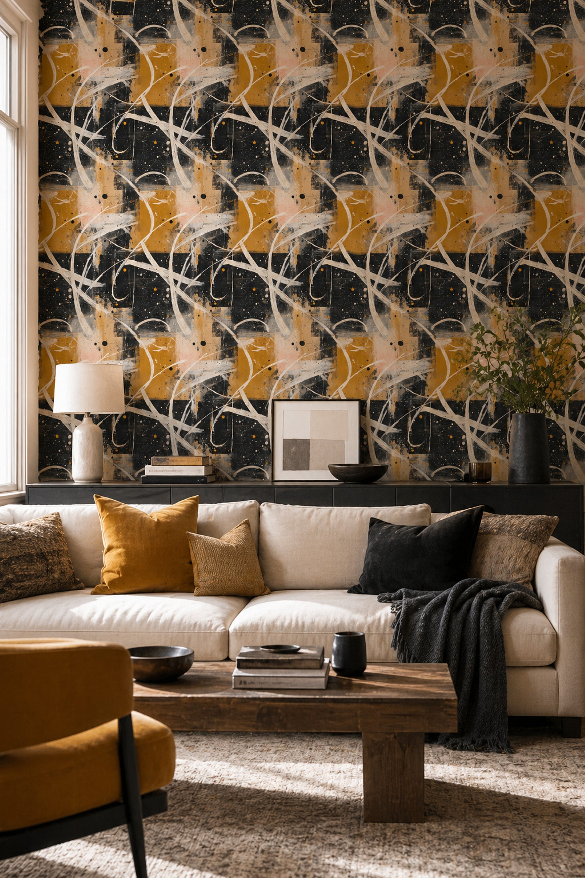 Soyut Çizgili Duvar Kağıdı Siyah Hardal Modern Salon