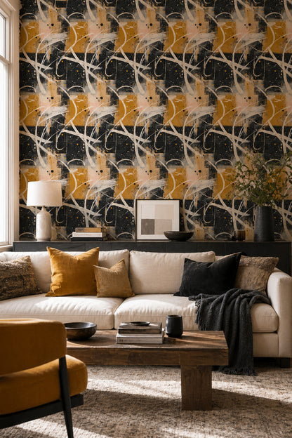 Soyut Çizgili Duvar Kağıdı Siyah Hardal Modern Salon