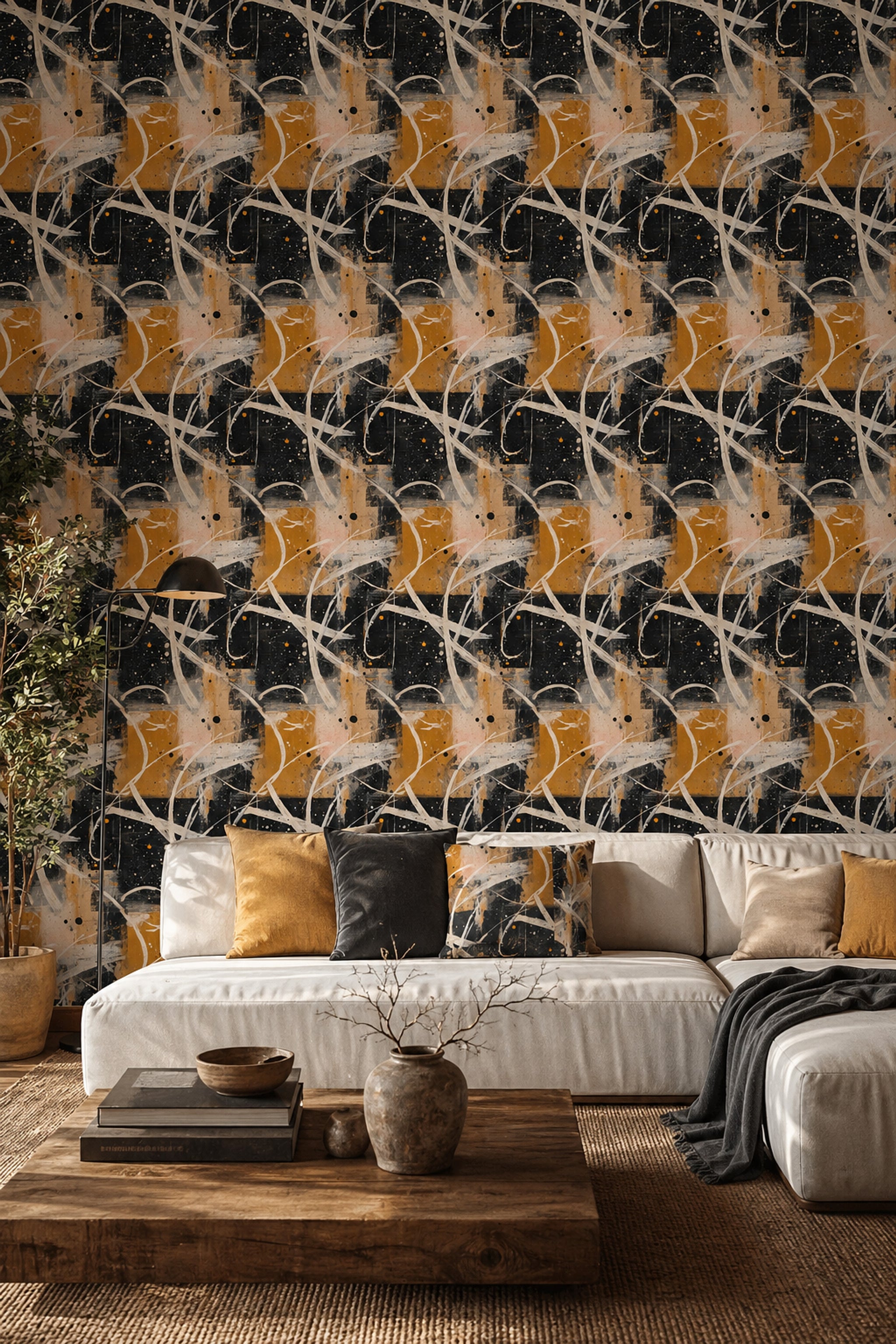 Soyut Çizgili Duvar Kağıdı Siyah Hardal Modern Salon