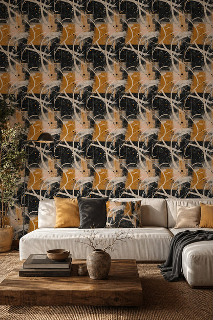 Soyut Çizgili Duvar Kağıdı Siyah Hardal Modern Salon