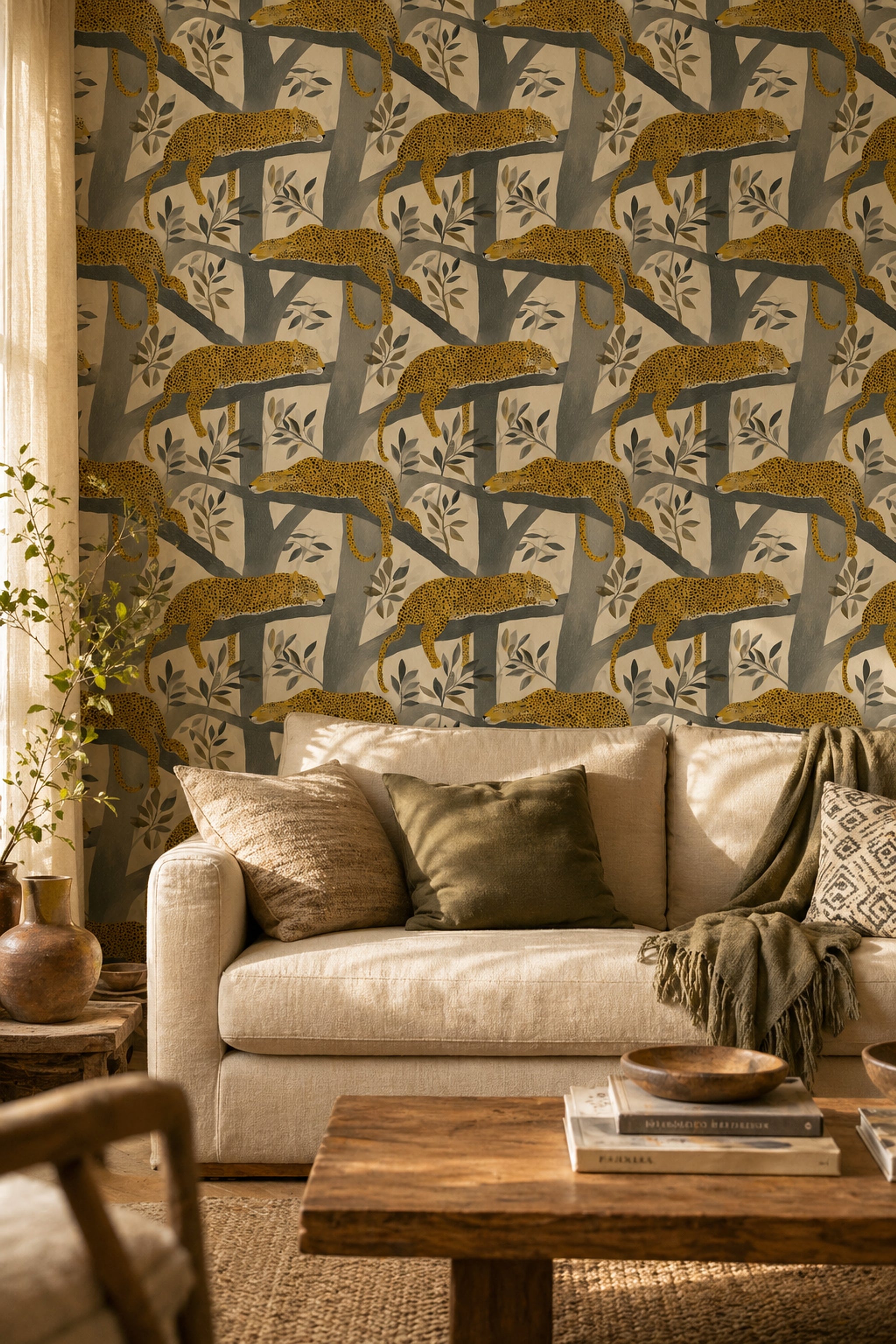 Leopar Desenli Duvar Kağıdı Gri Bej Modern Salon