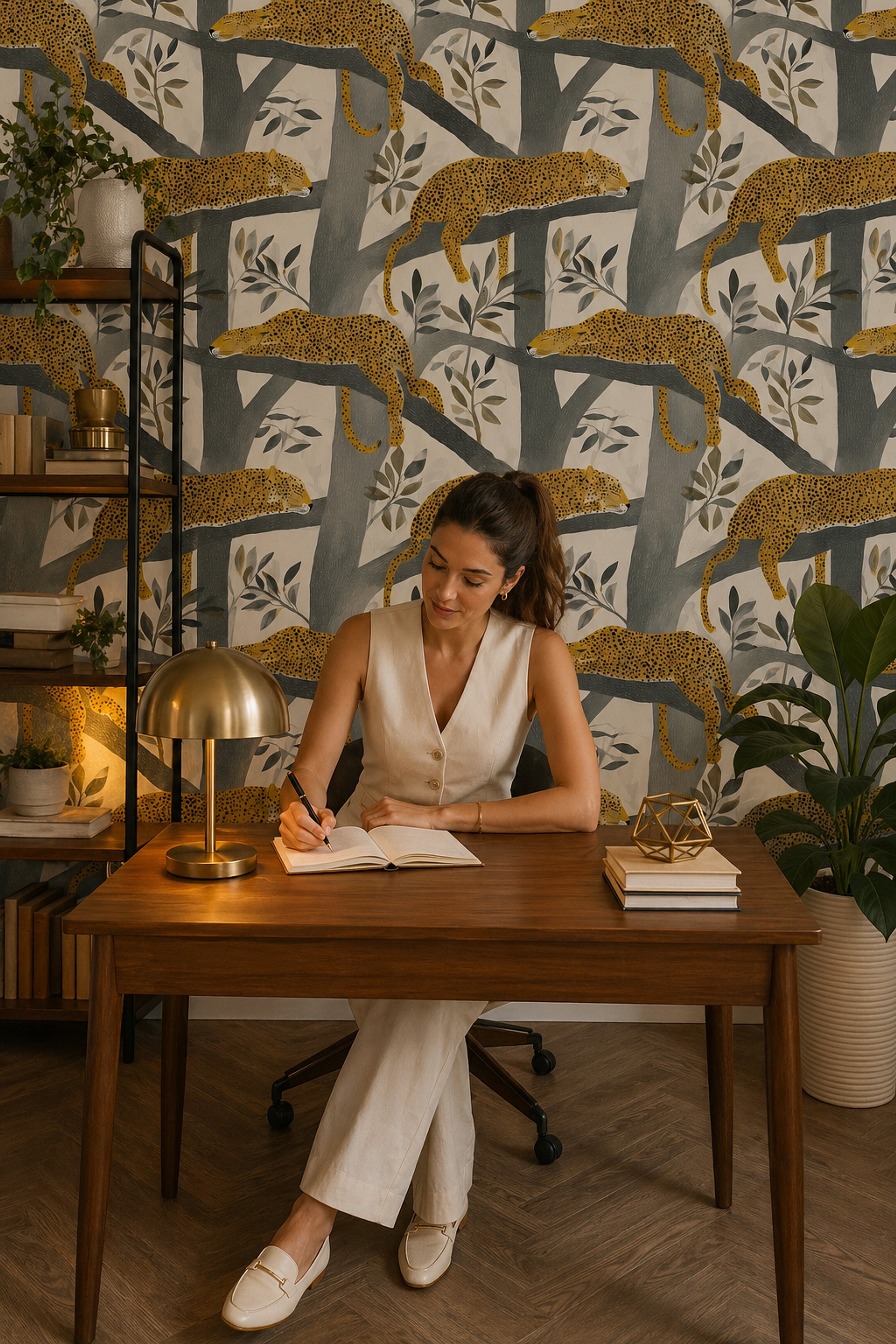 Leopar Desenli Duvar Kağıdı Gri Bej Modern Salon