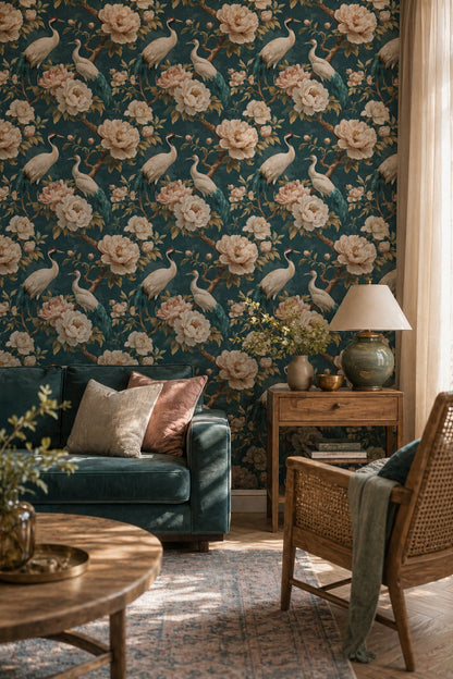 Turnalı Çiçek Desenli Duvar Kağıdı Lacivert Salon Duvarı