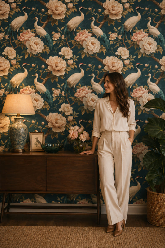 Turnalı Çiçek Desenli Duvar Kağıdı Lacivert Salon Duvarı