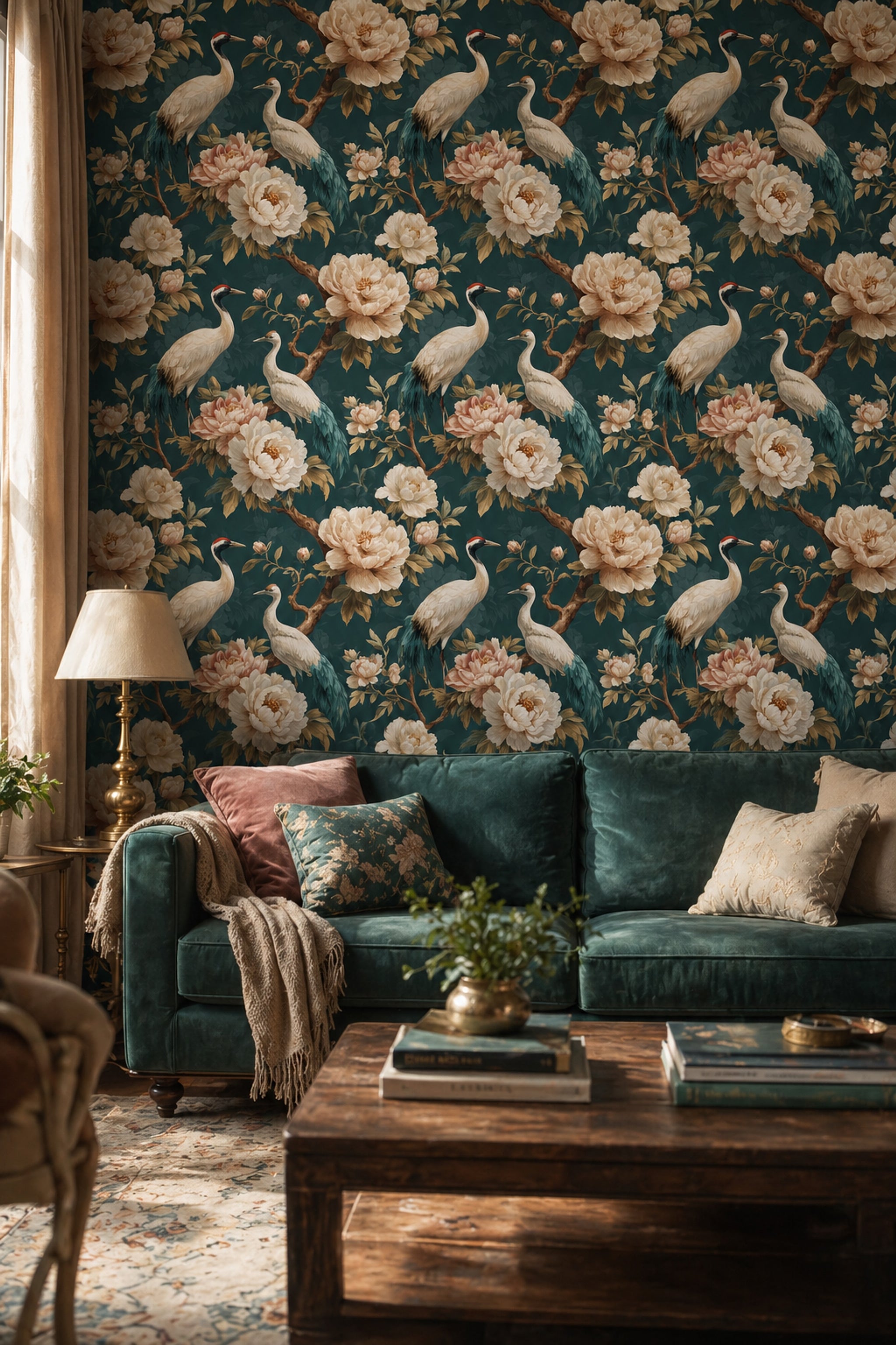 Turnalı Çiçek Desenli Duvar Kağıdı Lacivert Salon Duvarı