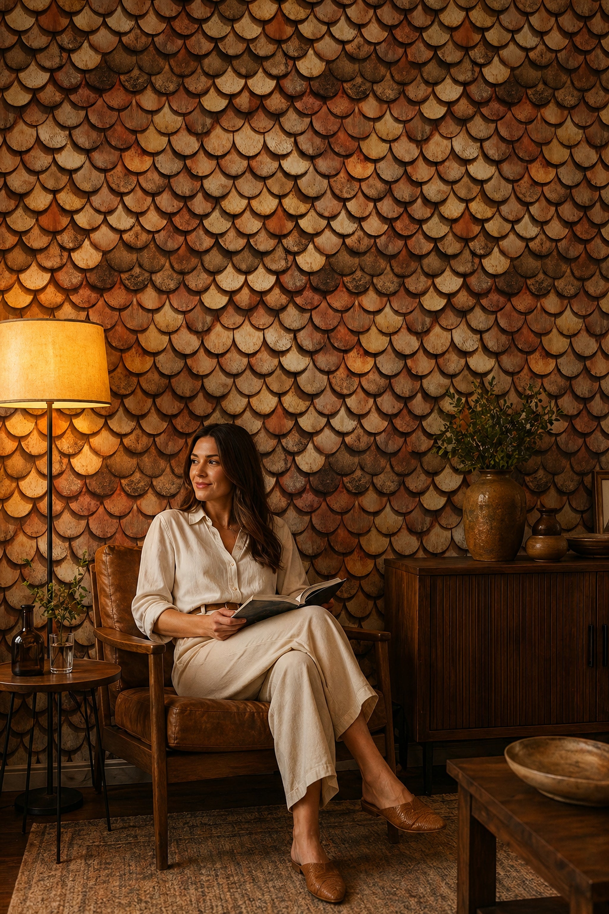 Kiremit Desenli Duvar Kağıdı Rustik Kahverengi Salon Dekoru