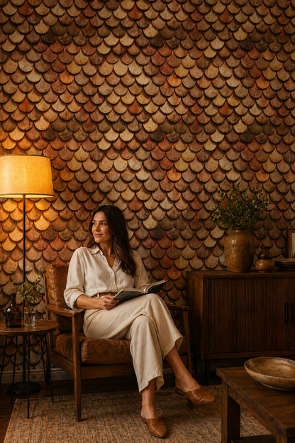 Kiremit Desenli Duvar Kağıdı Rustik Kahverengi Salon Dekoru
