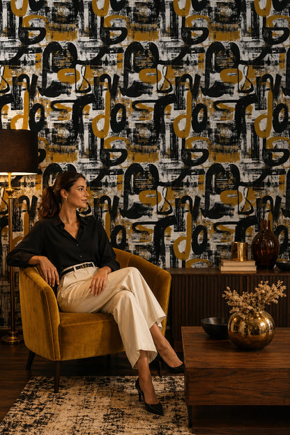 Soyut Harf Desenli Duvar Kağıdı Siyah Altın Salon