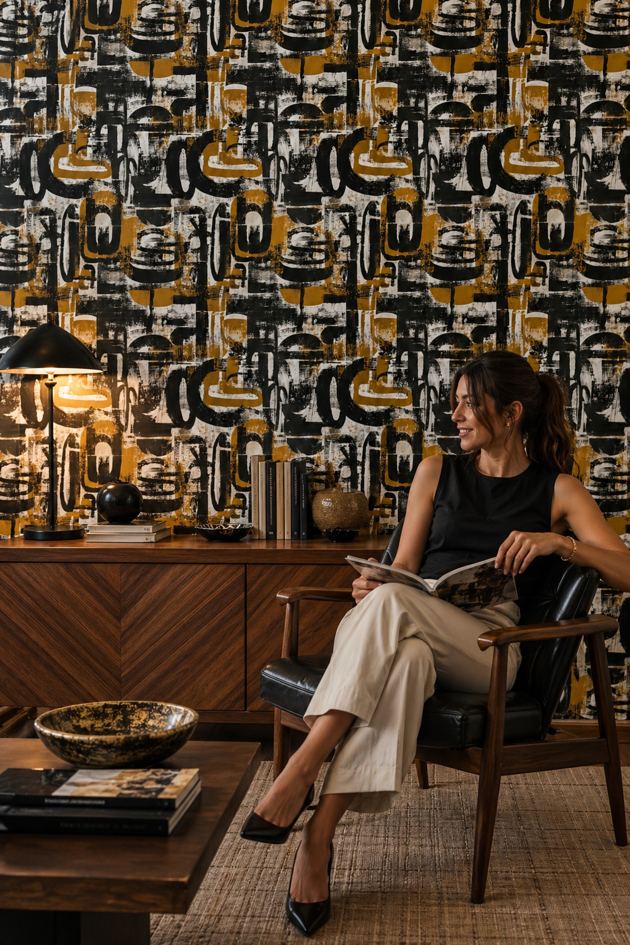 Soyut Harf Desenli Duvar Kağıdı Siyah Hardal Salon
