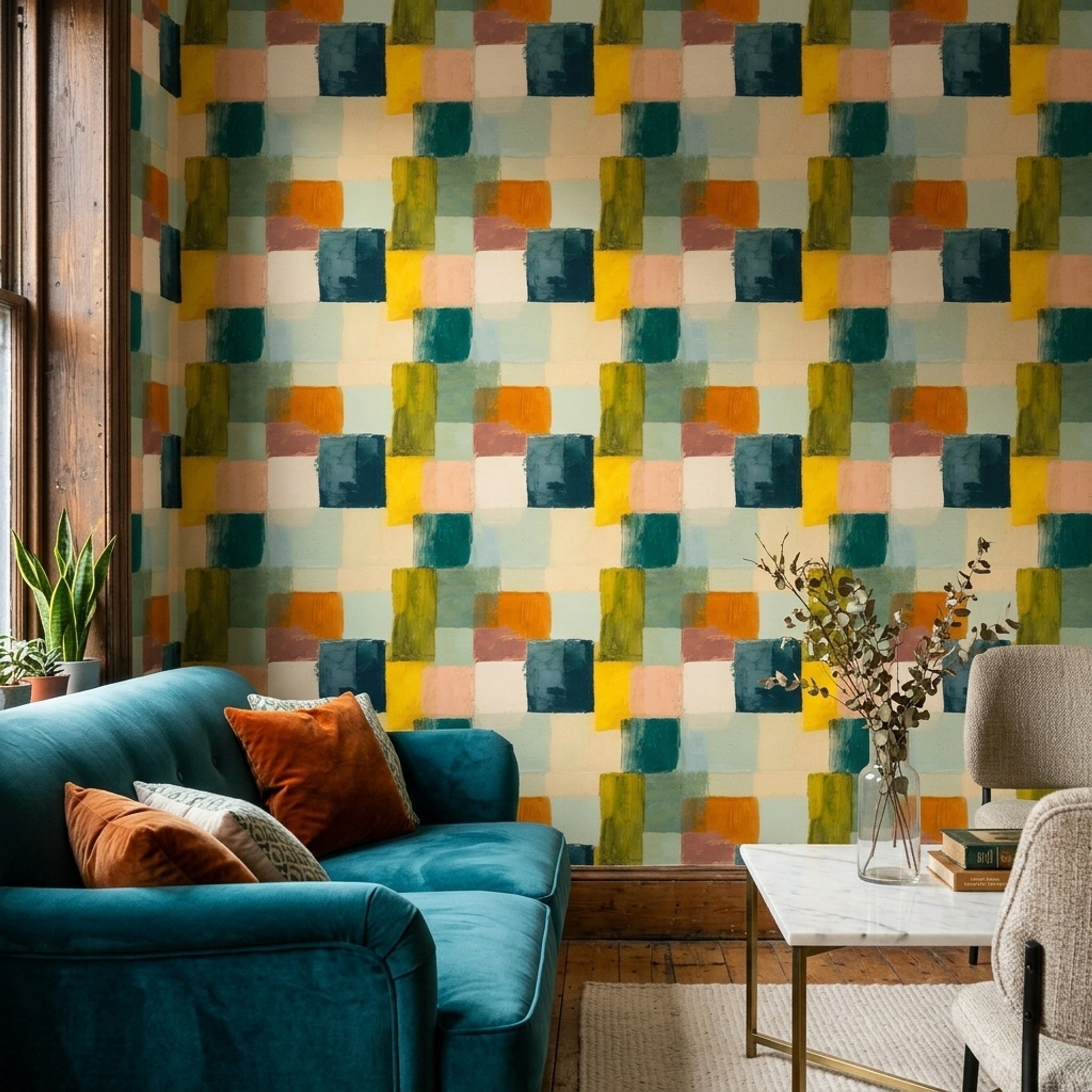 Renkli Geometrik Duvar Kağıdı Modern Kare Desenli Salon
